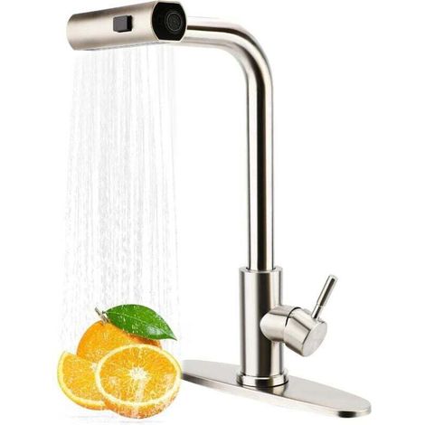 Rubinetto da cucina, miscelatore estraibile girevole a 360° in acciaio inox, rubinetto per lavello ad arco alto, rubinetto con doccetta a scomparsa a 3 modalità 1/2