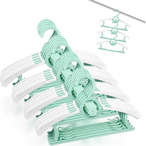20er-Pack erweiterbare Kinder-Kleiderbügel aus Kunststoff, mit stapelbaren Bärenhaken, rutschfesten Kleiderbügeln für Babykleidung und Babygarderobe (grün) (1/5)
