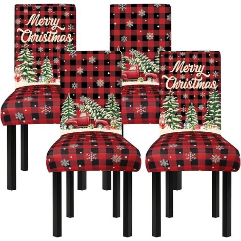 Lot de 4 Housses de Chaise de Salle à Manger de Noël Tartan Buffle Rouge et Noir, Élastiques, Démontables et Lavables, pour Cuisine, Maison et Fête de Vacances (1/4)