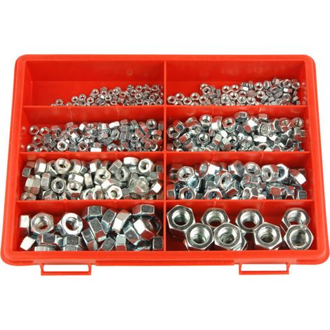 Surtido de 595 tuercas cincadas clase 8 DIN 934 – Rosca métrica estándar – Tamaños de 3 a 12 mm