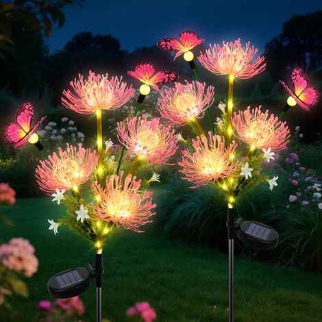Lampe Solaire Fleur - 2 Pièces - Plastique ABS et Acier - 78 LED avec Papillons - Décoration Jardin Patio Allée - Multicolore (1/5)