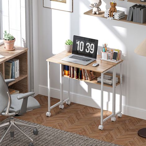 Escritorio Plegable con Ruedas Balda y Bolsillo de Almacenaje Ideal para Espacios Pequeños 80x50x75 cm Blanco y Natural (1/5)