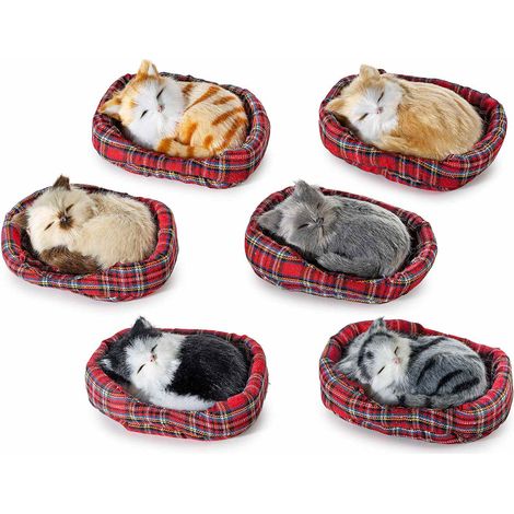 Gattini decorativi in finto pelo addormentati in cuccia in tartan, set da 6 pezzi, Gatto: cm 9,5 x 7 x 4,5 H