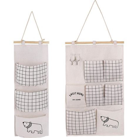 2 Sac de rangement mural, lin et coton, avec poches multiples, crochets acier, pour chambre, salle de bain, bureau (1/5)