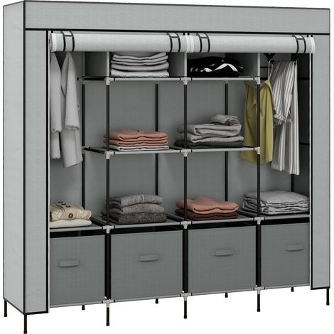 Armario de tela Irovami para dormitorio, armario portátil con 10 compartimentos, 2 barras para colgar ropa y 4 cajones de tela, 166 x 42,5 x 169,5 cm, gris oscuro