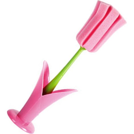 Lot de 2 brosses de nettoyage en éponge avec long manche, idéales pour les tasses à café, les bouteilles de vin et les biberons (rose). (1/5)