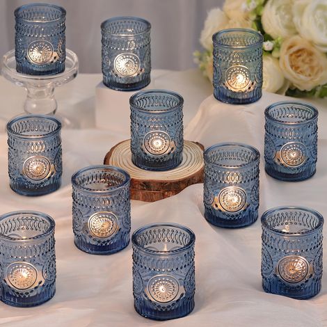 Lot de 36 bougeoirs en Verre pour Bougies Chauffe-Plat, Bougies votives en Relief pour Centre de Table de Mariage, Salon et décoration de Table de la Maison - Bleu (1/5)
