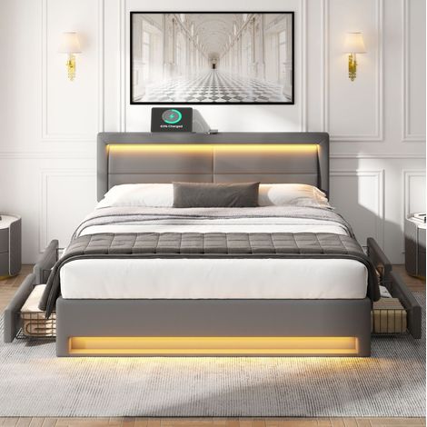 Lit avec rangement PU gris 140x200 cm, LED, USB, charge sans fil et 4 tiroirs (1/5)