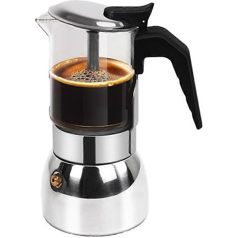 Cafetière italienne Moka 4 tasses en verre transparent, acier inoxydable 304 épais, 200 ml (6,8 oz), pour plaque de cuisson. (1/5)