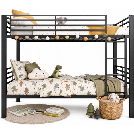 Lit superposé métal 90x200 cm, transformable en 2 lits simples, échelle gauche/droite, silencieux, charge 350 kg, noir pour enfants, ados et adultes - CHICFURN (1/5)
