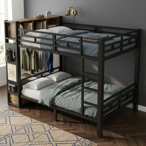 Lit superposé 120x200 cm avec sommier à lattes - Mezzanine pour enfant ado avec armoire penderie tiroir et panneau perforé - Métal et bois style industriel - Noir et noyer (1/5)