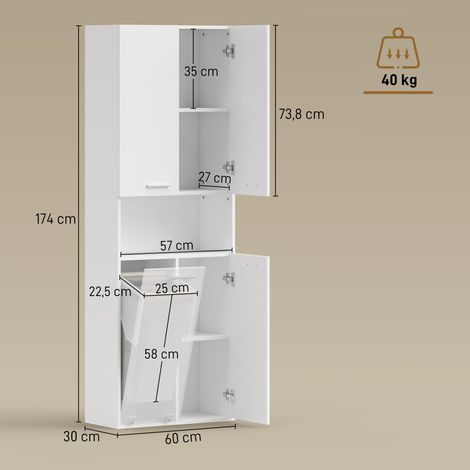174 cm hoher Badezimmerschrank mit ausklappbarem Wäschekorb und Soft-Close-Türen, Weiß (1/5)
