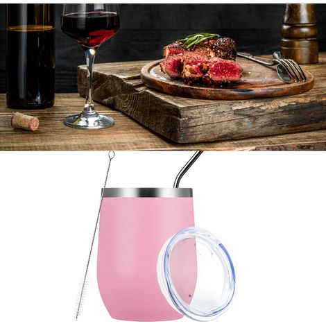 Tasse + Paille + Goupillon + Couvercle + Goupillon Swig Egg Cup en acier inoxydable, forme créative en U, 35 cl, pour vin rouge, 304, grande tasse à coquille d'œuf rose (1/5)
