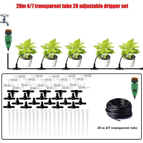 Kit d'irrigation goutte à goutte pour plantes en pot (tuyau de 20 mètres, 20 régulateurs), tuyau de 4/7 mm (1/5)