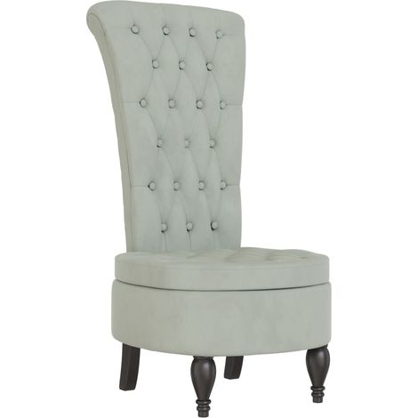 Poltroncina con schienale alto in velluto grigio chiaro, schienale imbottito, gambe in legno DEC026246