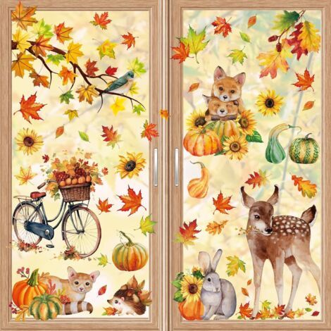 9 feuilles d'autocollants pour fenêtres sur le thème des animaux d'automne et de Thanksgiving, pour fournitures de maison