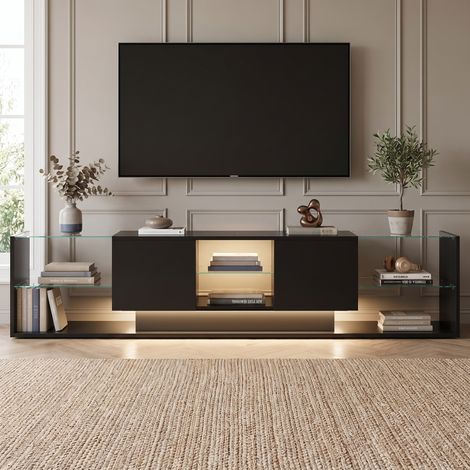Meuble TV 200 cm avec Éclairage LED RGB et Étagères en Verre, Banc TV Moderne en Bois, Noir (1/5)