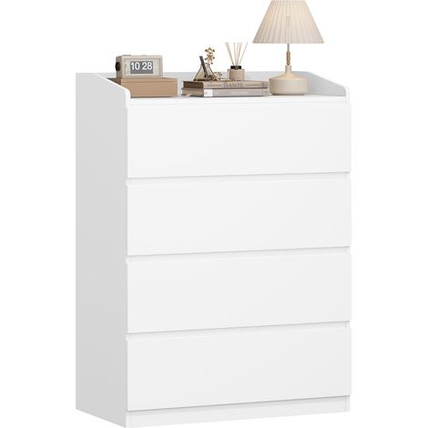 Commode 107 cm, Commode à 4 Tiroirs, Meuble de Rangement, Casier avec Rambarde Supérieure, Style Moderne, Convient pour Le Salon et la Chambre, Blanc