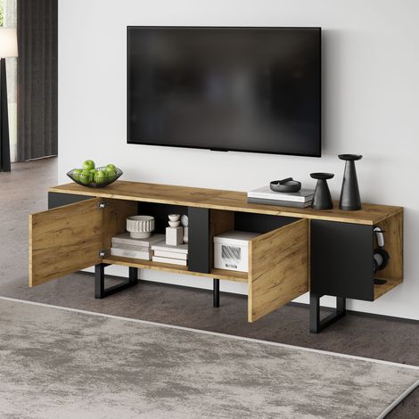 REDOM Mobile TV 180x40x55 cm, 2 ante, vani aperti, chiusura soft close, pannelli di particelle, legno naturale e nero (1/5)
