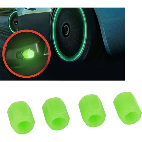 4 fluoreszierende grüne Reifenventilkappen, die im Dunkeln leuchten, Radventilkappen für Auto und Motorrad, 4-teiliges Set, phosphoreszierend. (1/5)