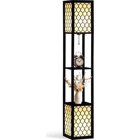 Floor Lamp with Shelves, Modern Tall Standing Lamps with Fabric Lampshade, Chain Switch and Dual Light for Living Room, Bedroom, Bulb not Included, Black
