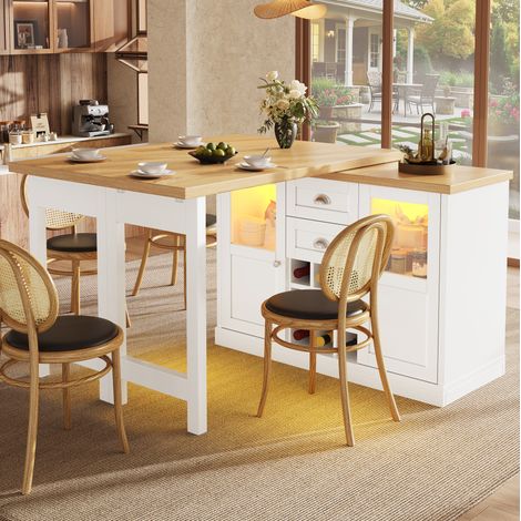 Mesa extensible de 120-197 x 40 cm, giratoria 360°, con iluminación LED tricolor, espacio de almacenamiento y botellero, MDF - blanco (1/5)