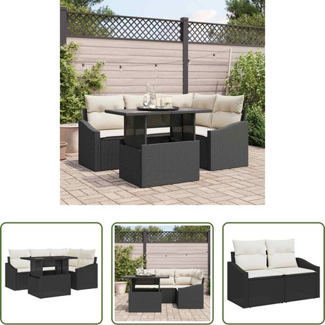 Poly-Rattan - Gartensofa-set mit Kissen 5 pcs Schwarz und Creme Poly-Rattan (1/5)