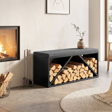 TolleTour Range-bûches avec banc rembourré, structure en métal noir pour intérieur, coussin gris, 102 × 35 × 40 cm (1/5)