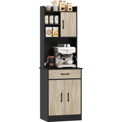Mobile da cucina, unità contenitore da 180 cm con foro passacavi e ripiano per microonde, mobile da cucina con cassetto, 3 ripiani a giorno e ante, per sala da pranzo, soggiorno, colore nero e legno