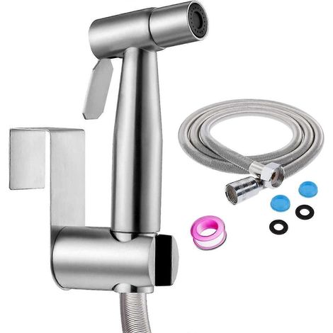 Kit de douchette WC bidet en acier inoxydable, facile à installer, avec flexible de douche à ressort de 1,5 m et crochet. (1/5)