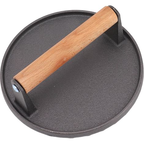 Presse à viande ronde en fonte avec boutons, poignée en bois confortable, idéale pour les hamburgers et le bacon au barbecue. (1/5)