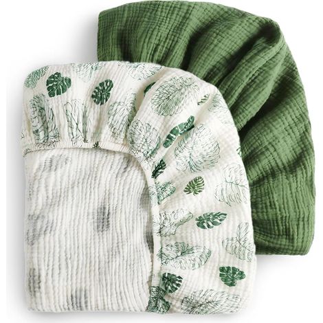 Draps en mousseline pour berceaux de filles et de garçons, style bohème, neutres, en coton doux, pour matelas de berceau standard de 81 x 43 cm, lot de 2 (Monstera et vert foncé) (1/5)