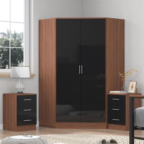 Reflect 3pc Wardrobe Bundle - 2 Door Corner + 2x 3 Drawer Bedsides - Black Gloss & Walnut (1/5)