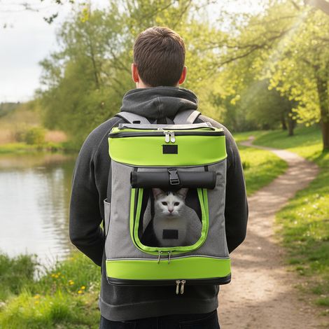 belviona Rucksack für Hunde & Katzen, stabil & sicher, mit Belüftung, Trinkflaschenfach & Regenschutz, grau/grün (1/5)