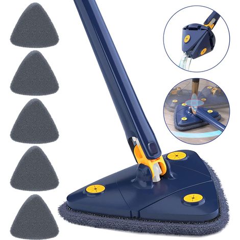 Serpillière télescopique triangulaire rotative 360°, avec essorage automatique, 5 chiffons microfibre (bleu) (1/5)