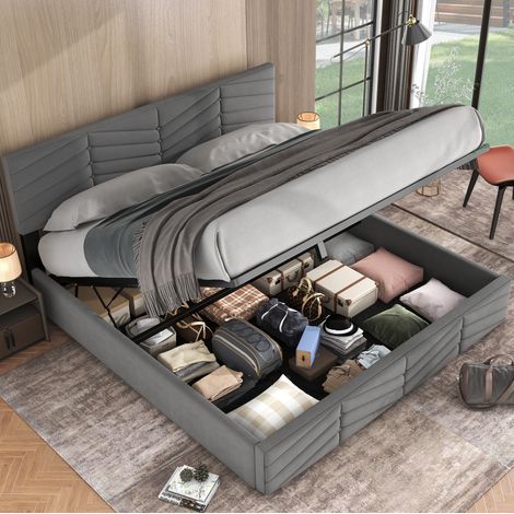 lit coffre 160x200 relevable en velours gris HAVRYA (1/5)