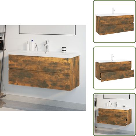 The Living Store Meuble lavabo avec bassin intégré Chêne fumé Bois d'ingénierie - Meuble Lavabo - Meuble Vasque - Rangement Salle De Bain - Meuble Salle De Bain - Design Moderne