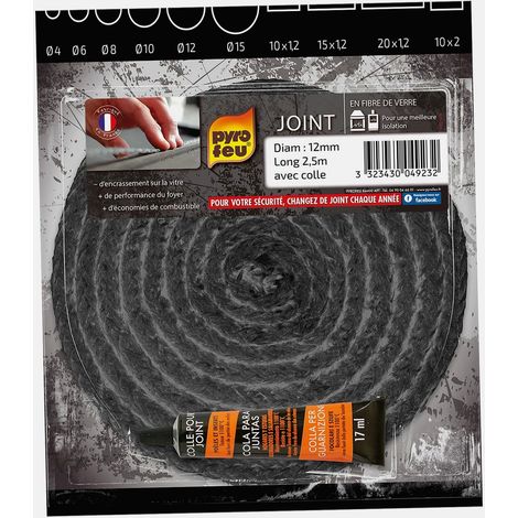 Joint noir en fibre de verre 12mm – Longueur 2,5m – Résistance 500°C pour inserts et poêles – Colle réfractaire incluse – Pyrofeu