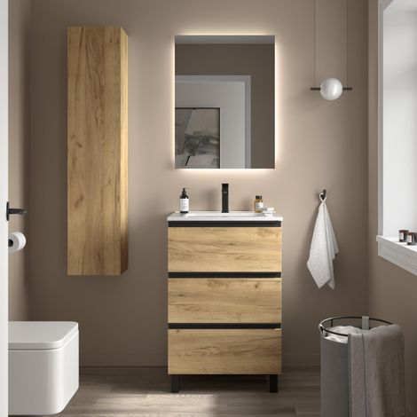 Meuble de salle de bain BEQUIA METAL 3C 60cm Chêne Vasque Porcelaine Centrale (1/5)