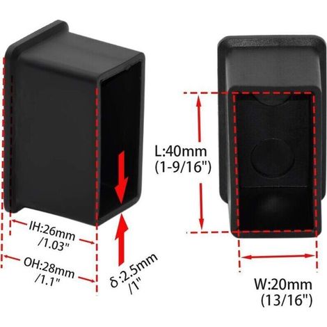 Lot de 16 embouts rectangulaires en PVC souple pour pieds de chaises/tables, 20 mm x 40 mm (13/16 po x 1-9/16 po), noirs