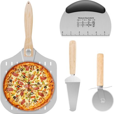 Kit 4 pièces pour pizza, 30 35CM Pelle à Pizza Perforée en Aluminium avec Manche Repliable, Coupe-pâte, Roulette à pizza, Pelle à Tarte en Acier Inoxydable (1/5)