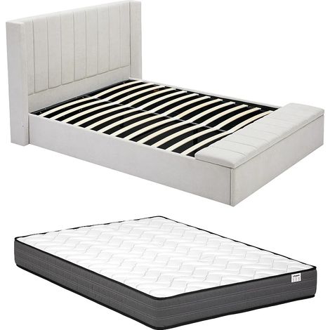 Lit coffre 140 x 190 cm avec banc - Tissu - Beige + Matelas - DOUINO (1/5)