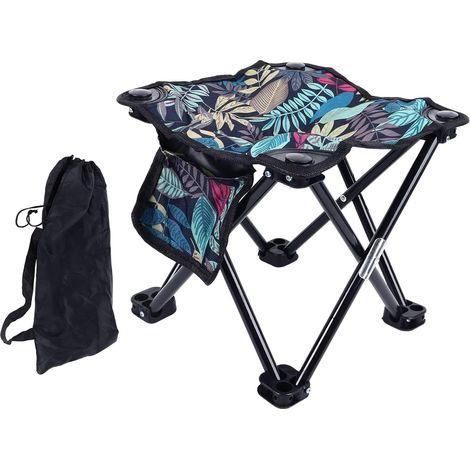 Tabouret de Camping, Chaise Pliante d'extérieur compacte à Motif de Feuilles portative en Toile avec Sac de Transport, pour Adultes pêche randonnée Jardinage Plage Bleu (1/5)