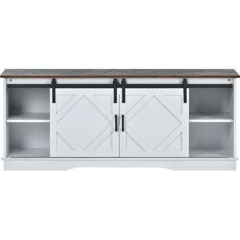Mueble TV blanco y marrón 150 x 40 x 60 cm con puertas correderas y estantes ajustables (1/5)