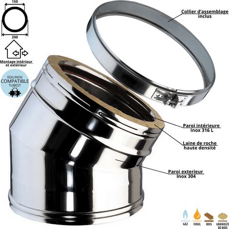 Edilinox – Coude 30° conduit double paroi isolé 150mm – Inox 304 extérieur, Inox 316 intérieur – Isolation 25mm laine de roche – T600 jusqu'à 5000Pa (1/4)