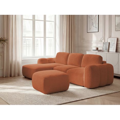 BOBOCHIC - Canapé d'angle convertible coffre MONTAIGNE tissu bouclette avec pouf Angle gauche  Orange