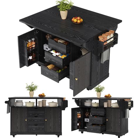 Chariot de service avec rallonges de table rabattables, hauteur ergonomique de 95 cm, chariot de cuisine avec tiroirs, table de cuisine mobile, plan de travail, roulettes verrouillables, noir (1/5)