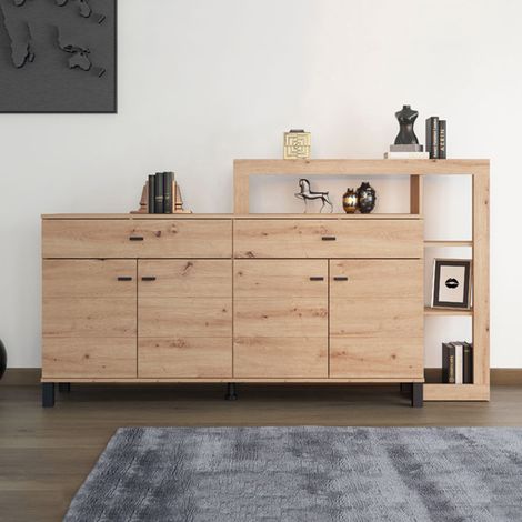 Credenza Chefch, Anrichte 2 Schubladen, 5 Regale, Türöffnung, Schiebetür, 183x35x101h cm Braun Eichenholz Knoten (1/5)