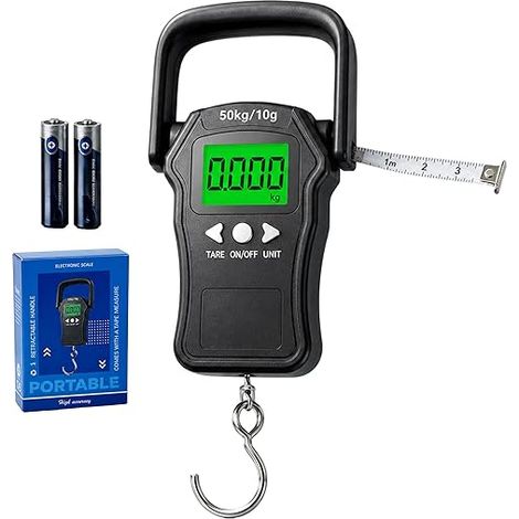 Electronic 50 kg Luggage Scale with Integrated Tape Measure Approx. 1 m, Backlit LCD Display, Metal Hook, Suitcase and Portable Parcel Scales, Black (1/5)