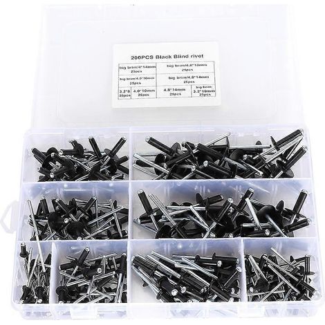 Lot de 200 rivets aveugles noirs en aluminium, assortiment 3,2/4,0/4,8 mm